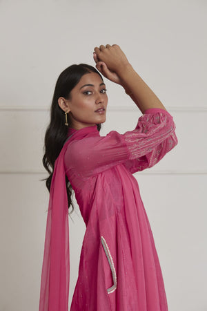 Fuschia Pink Puff Sleeves Anarkali Set