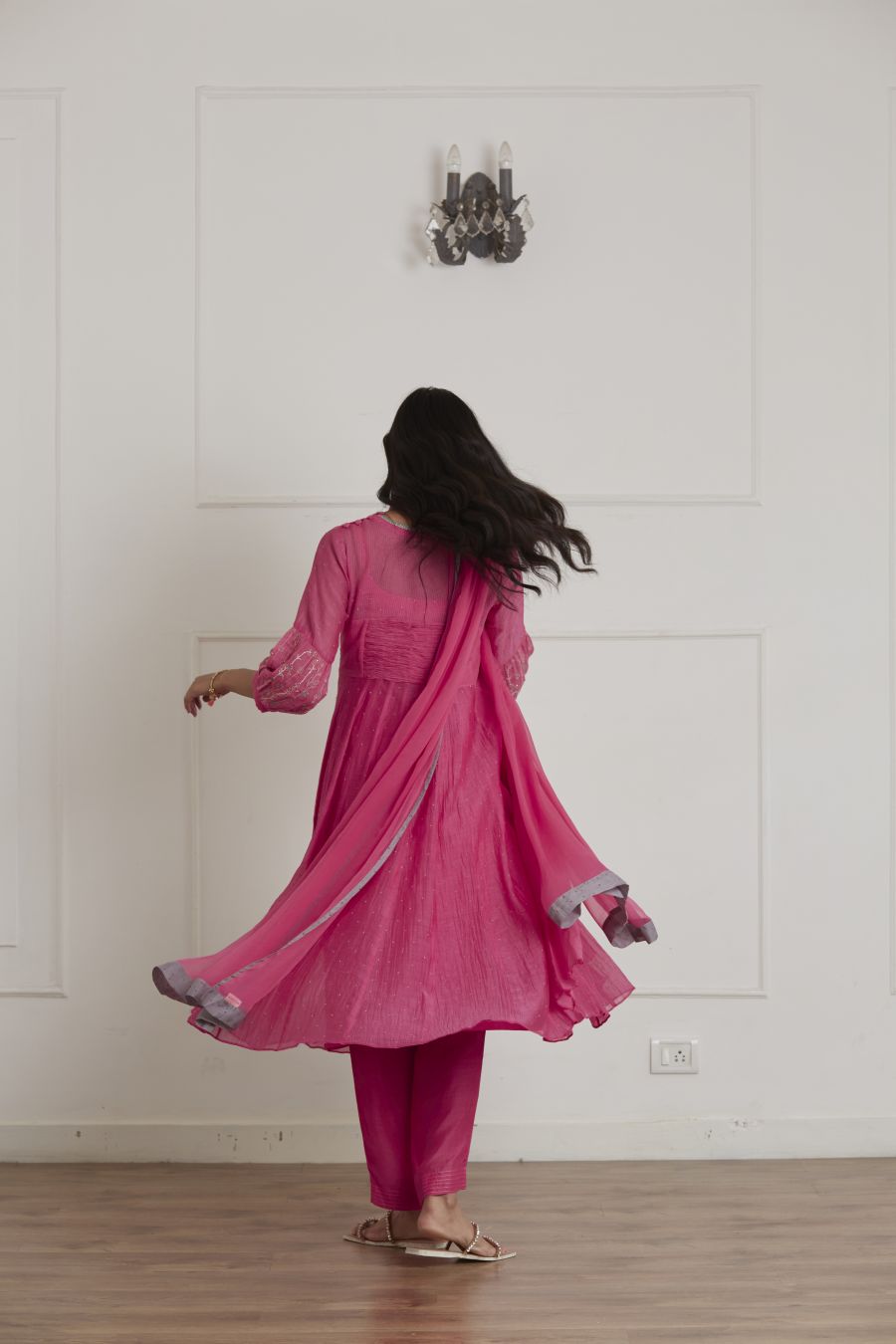 Fuschia Pink Puff Sleeves Anarkali Set