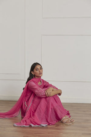 Fuschia Pink Puff Sleeves Anarkali Set