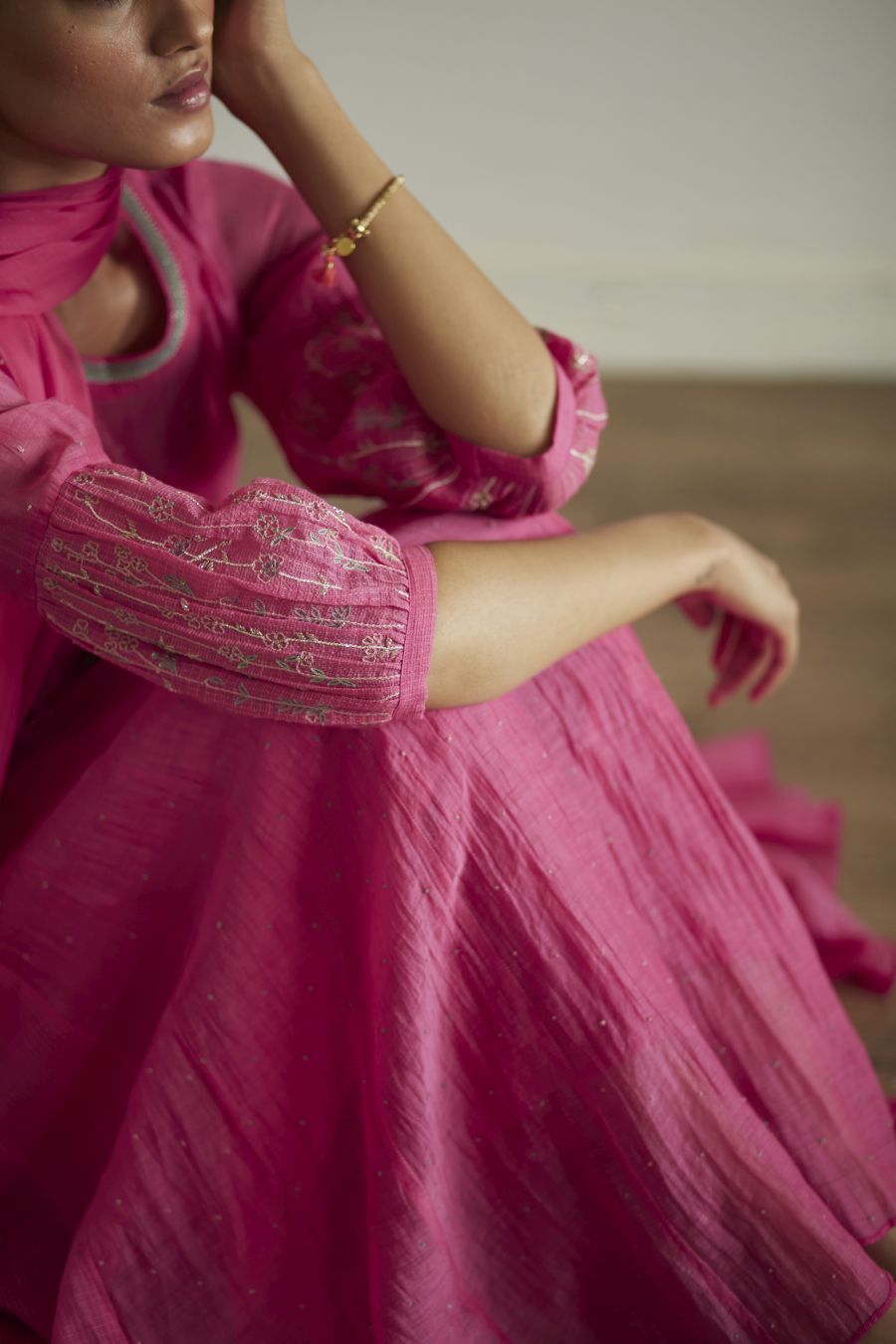 Fuschia Pink Puff Sleeves Anarkali Set