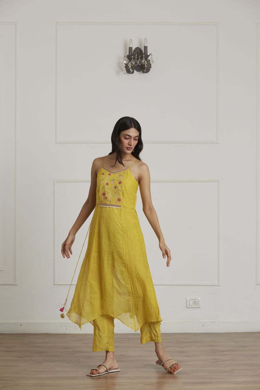 Mustard Yellow Silk Chanderi Kurta Paired With Silk Pants And Dupatta