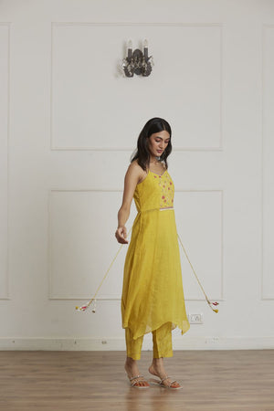 Mustard Yellow Silk Chanderi Kurta Paired With Silk Pants And Dupatta