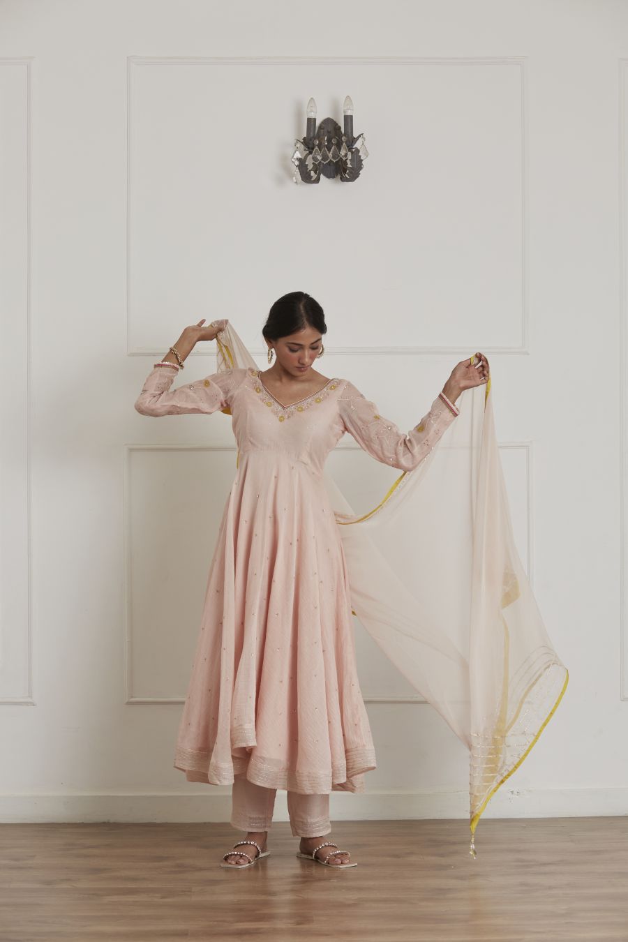Baby Pink V Neck Anarkali Set