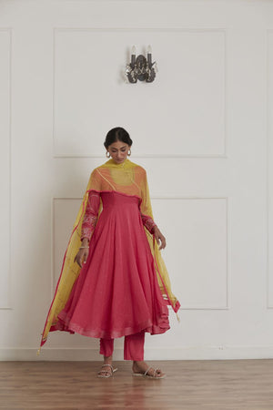 Fuschia Round Neck Full Sleeves Anarkali Set