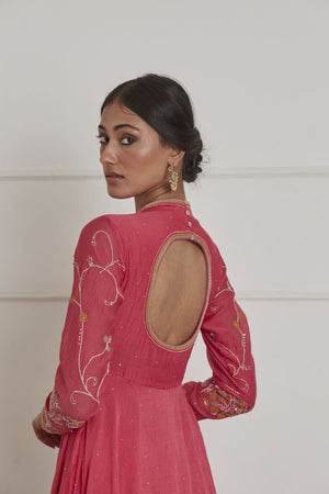 Fuschia Round Neck Full Sleeves Anarkali Set