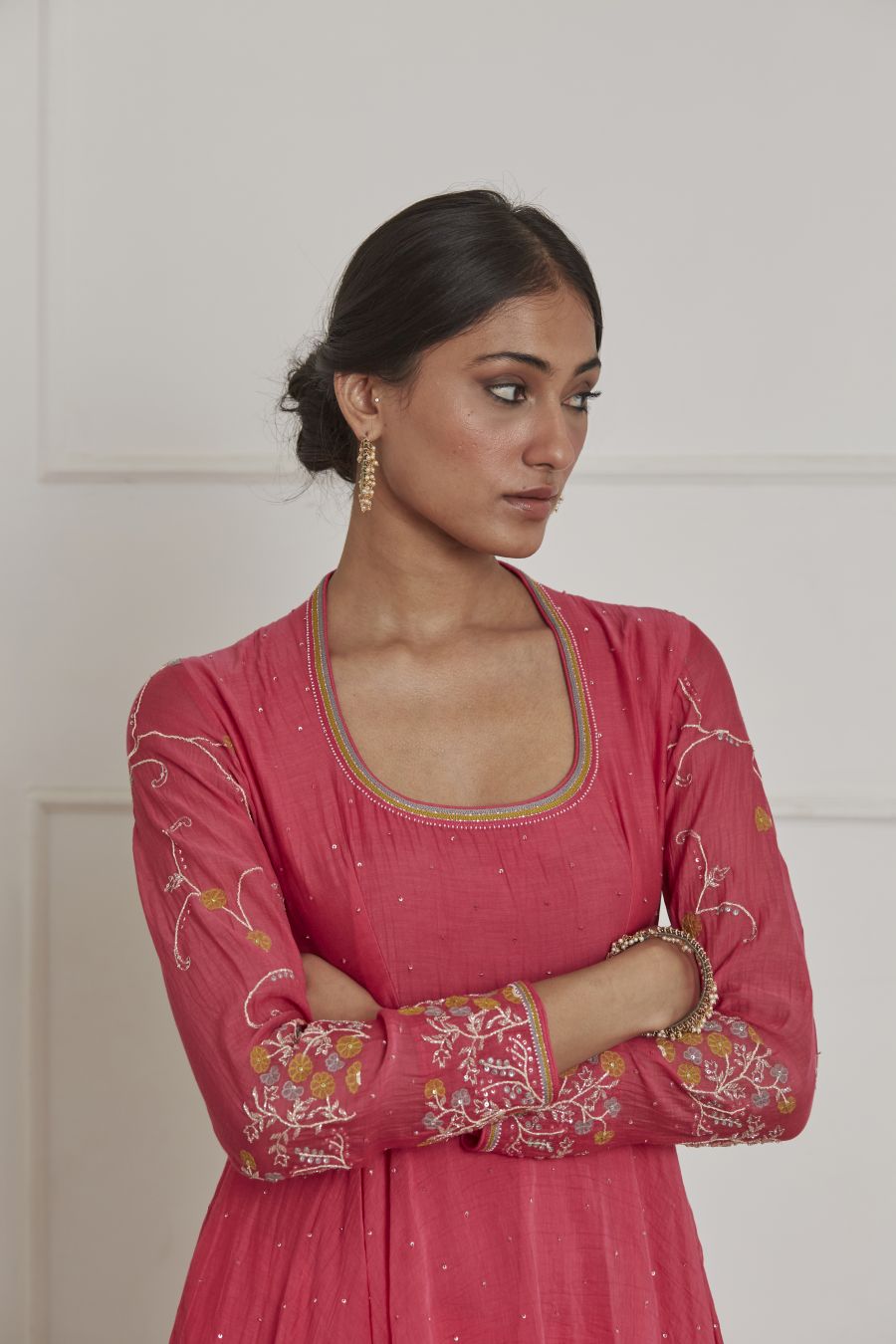 Fuschia Round Neck Full Sleeves Anarkali Set