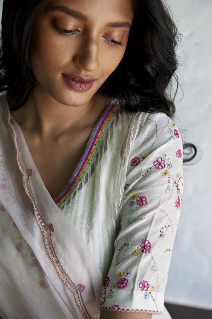 White Chanderi & Organza Silk Striped Angarkha Set