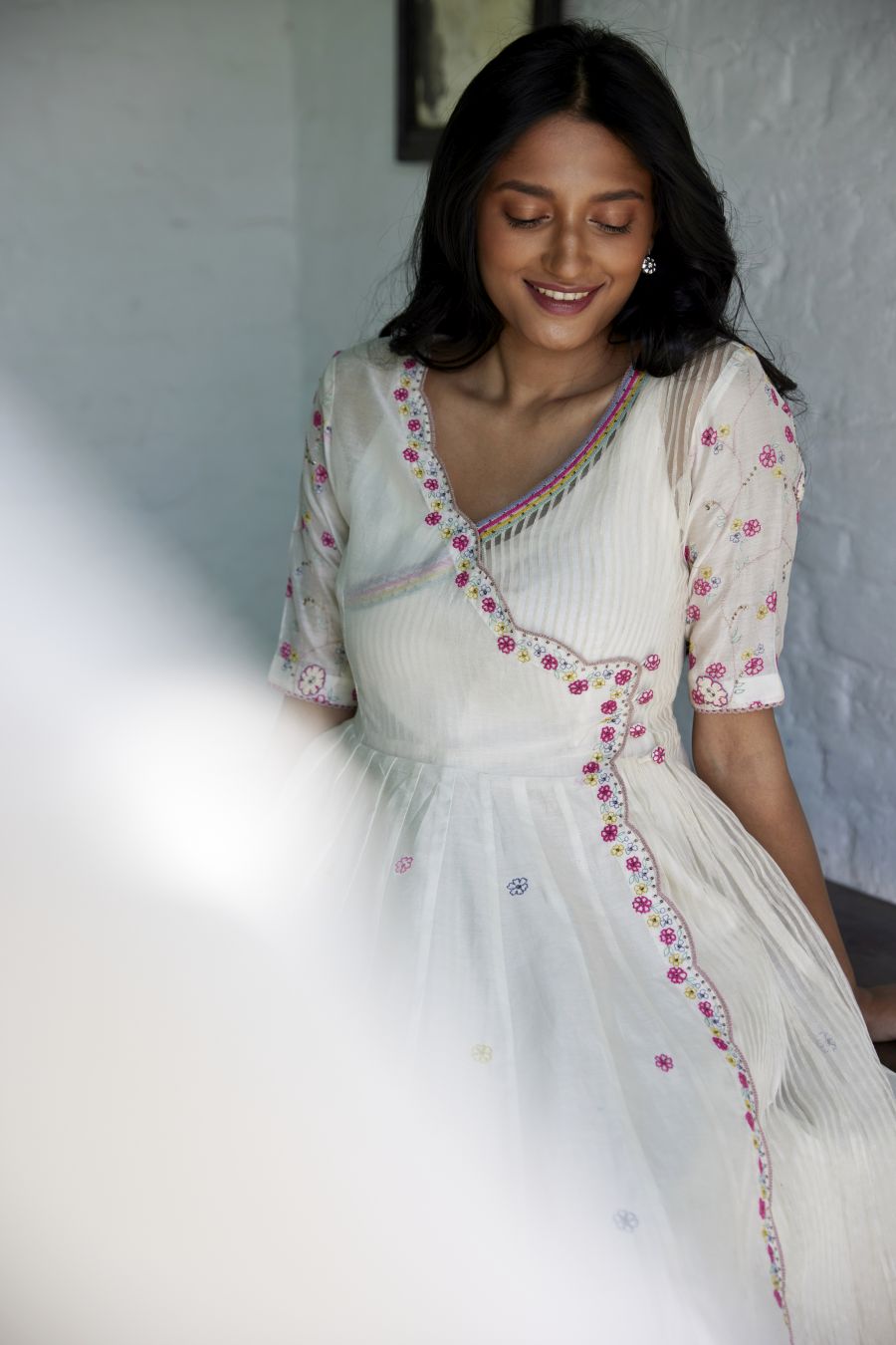 White Chanderi & Organza Silk Striped Angarkha Set