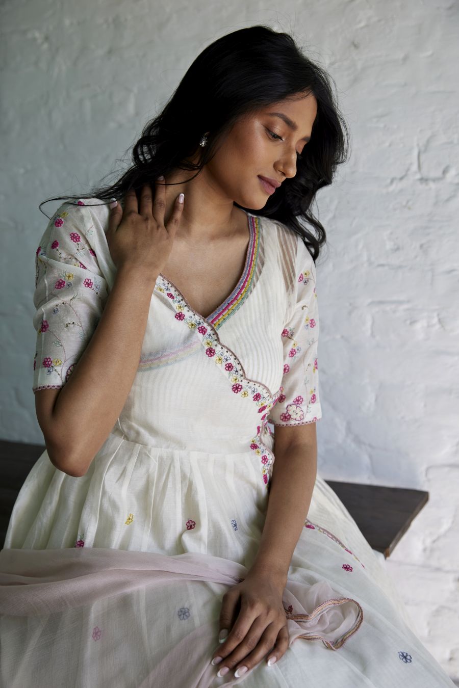 White Chanderi & Organza Silk Striped Angarkha Set