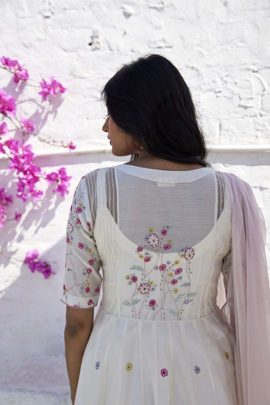 White Chanderi & Organza Silk Striped Angarkha Set