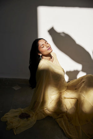 Lemon Yellow Kota & Chanderi Anarkali Set