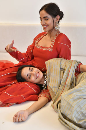Chilli Pepper Silk and Chanderi Anarkali set