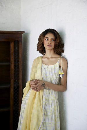 Yellow & Blue Chequered Spaghetti Kurta Set