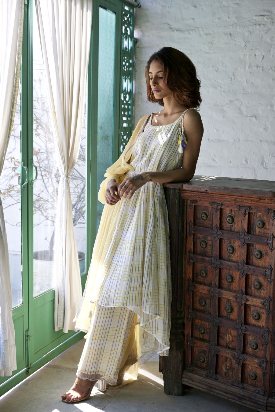 Yellow & Blue Chequered Spaghetti Kurta Set