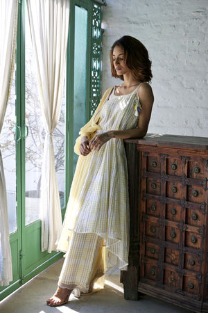 Yellow & Blue Chequered Spaghetti Kurta Set