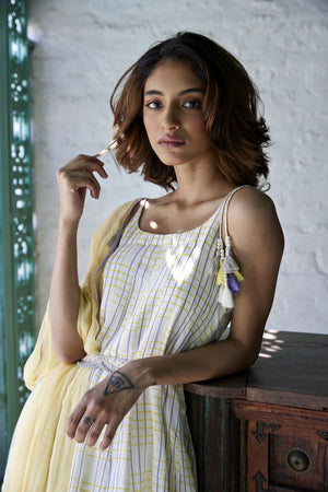 Yellow & Blue Chequered Spaghetti Kurta Set