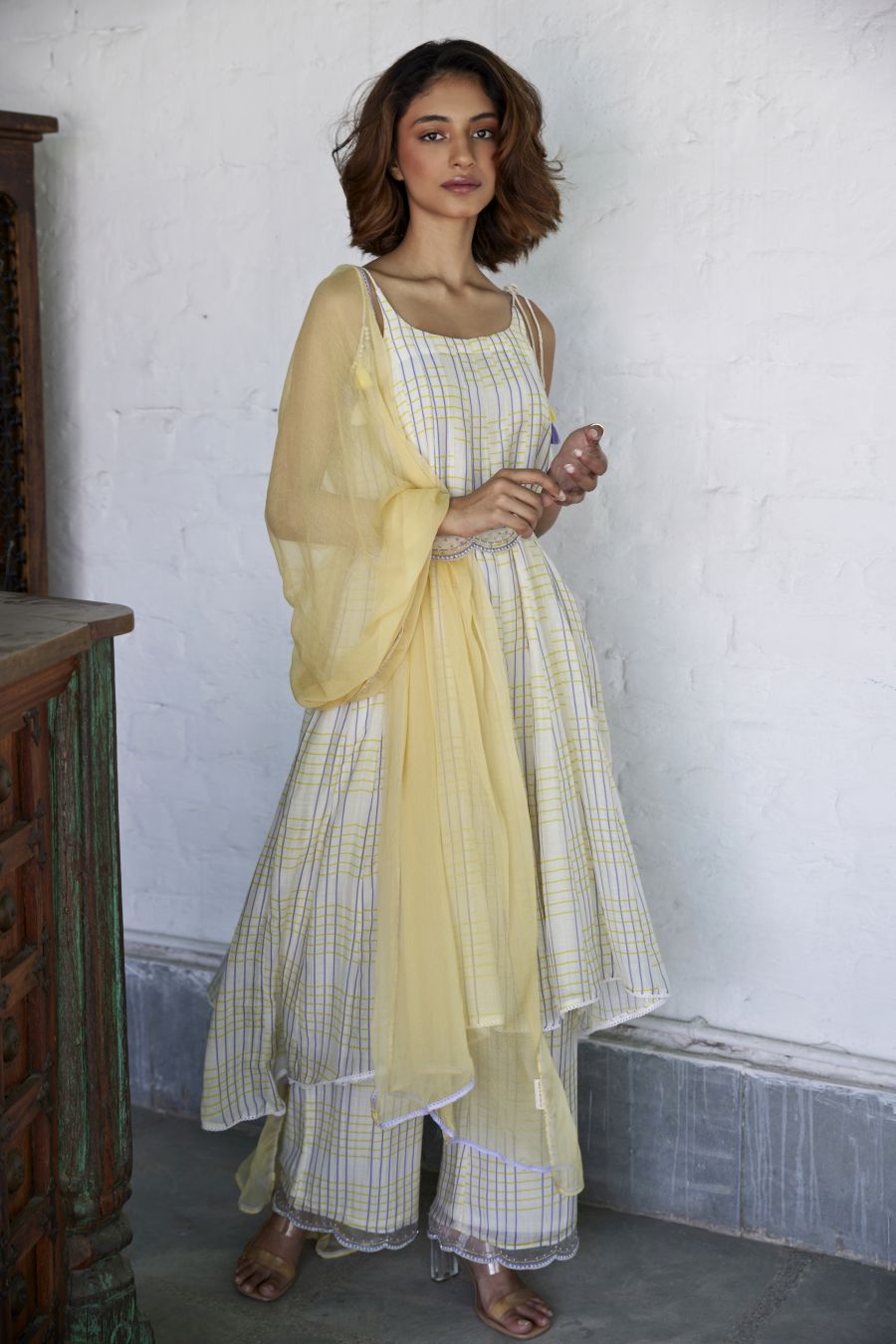 Yellow & Blue Chequered Spaghetti Kurta Set