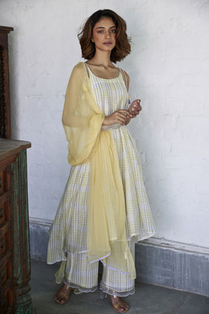 Yellow & Blue Chequered Spaghetti Kurta Set