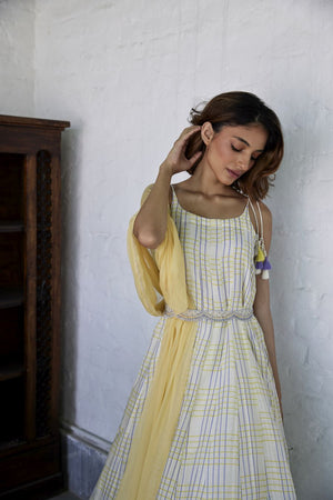 Yellow & Blue Chequered Spaghetti Kurta Set