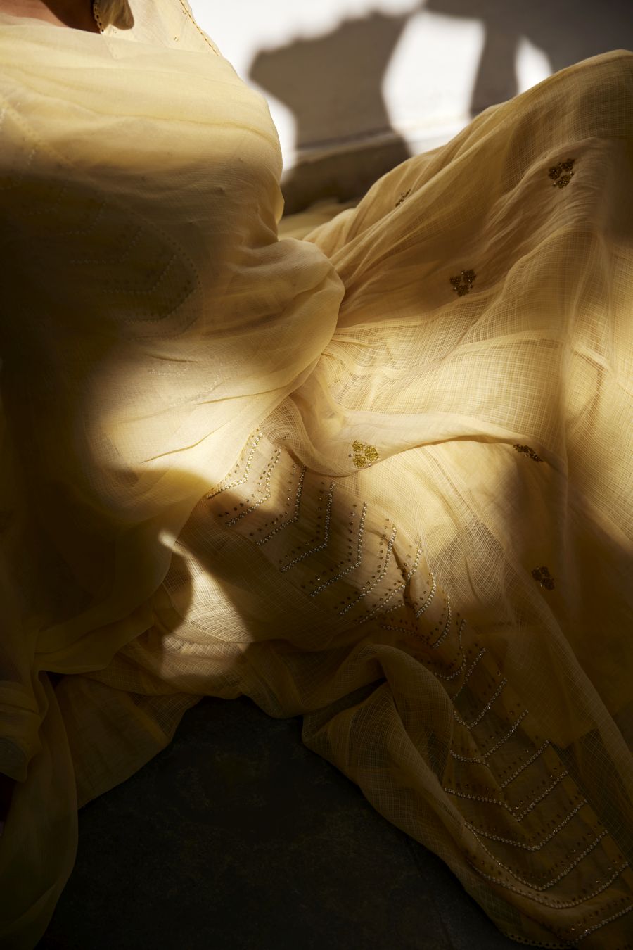 Lemon Yellow Kota & Chanderi Anarkali Set