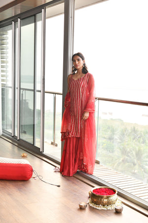 Chilli Pepper Chanderi Spaghetti Kurta and Sharara Set