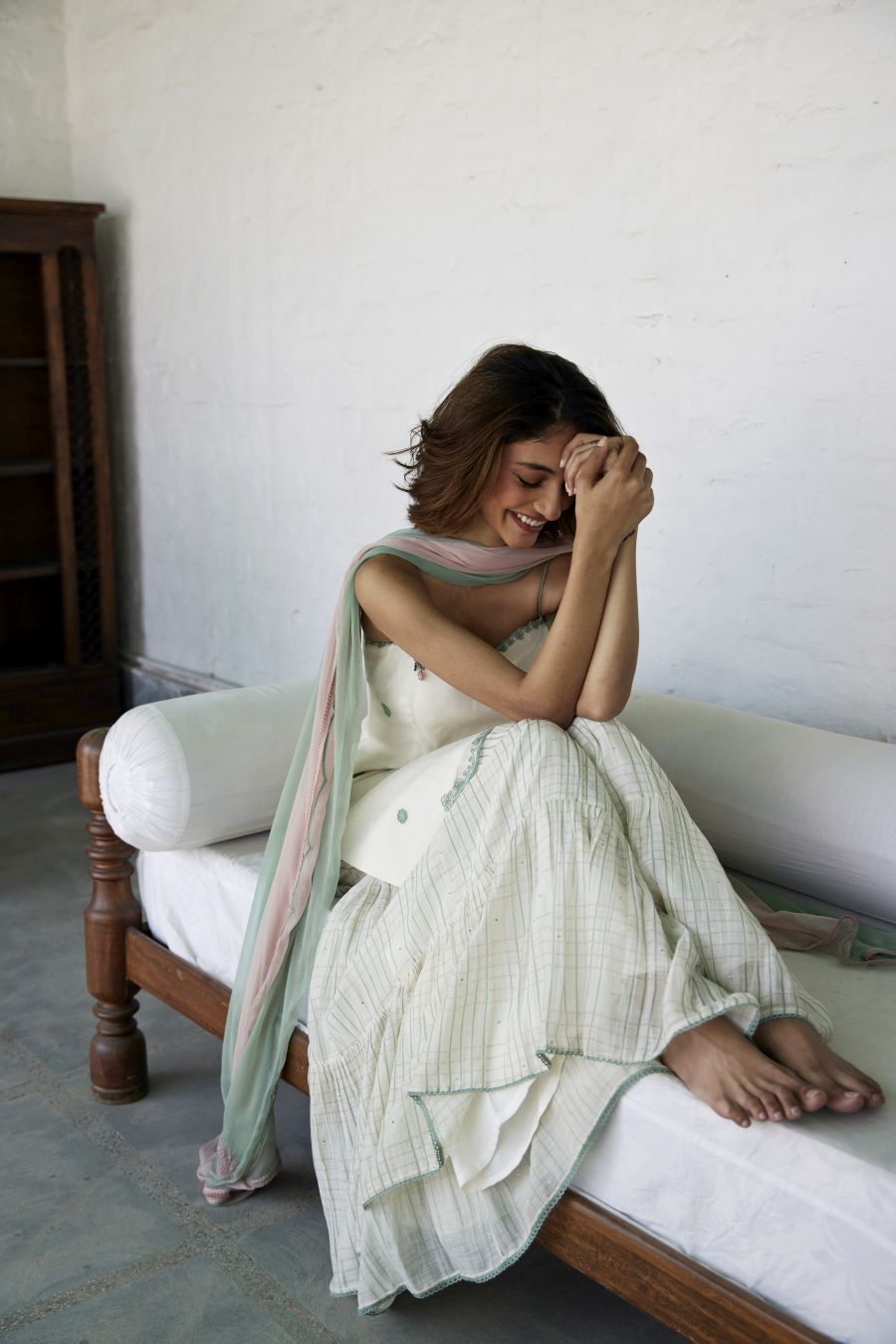 White Spaghetti Kurta & Chequered Sharara Set