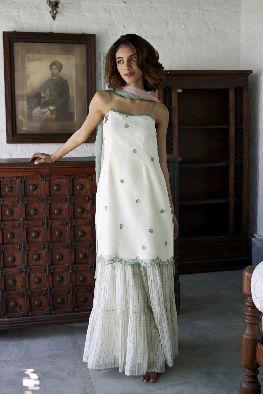 White Spaghetti Kurta & Chequered Sharara Set