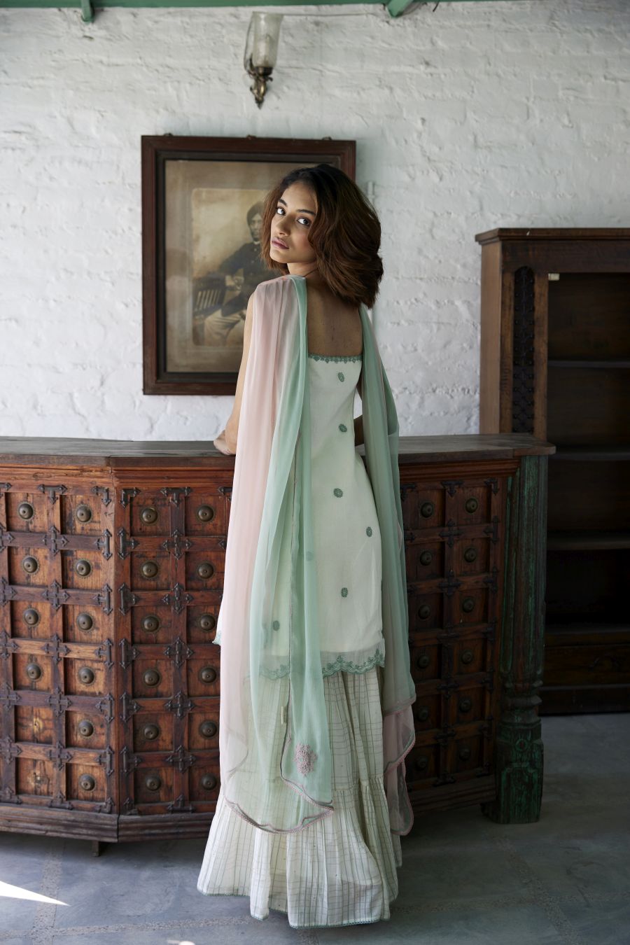White Spaghetti Kurta & Chequered Sharara Set