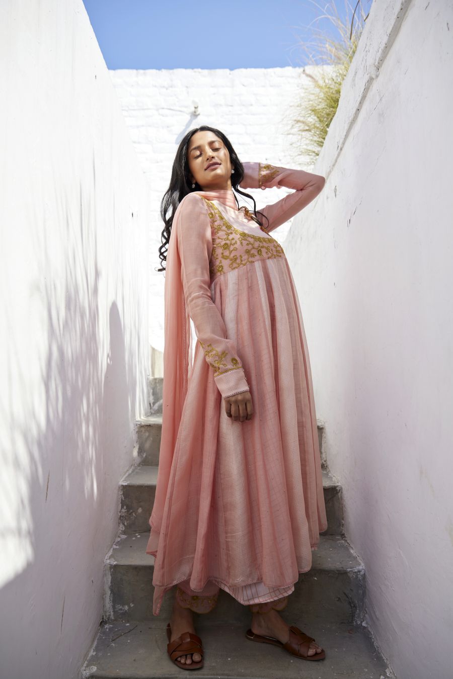 Muted Clay Chanderi & Kota Silk  Anarkali Set