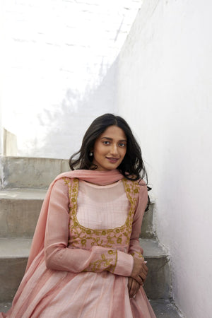 Muted Clay Chanderi & Kota Silk  Anarkali Set