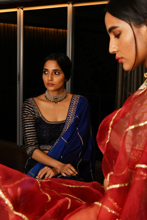 Midnight blue shaded silk and organza saree set