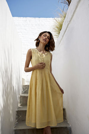 Lemon Yellow Chequered Overlay Dress Set