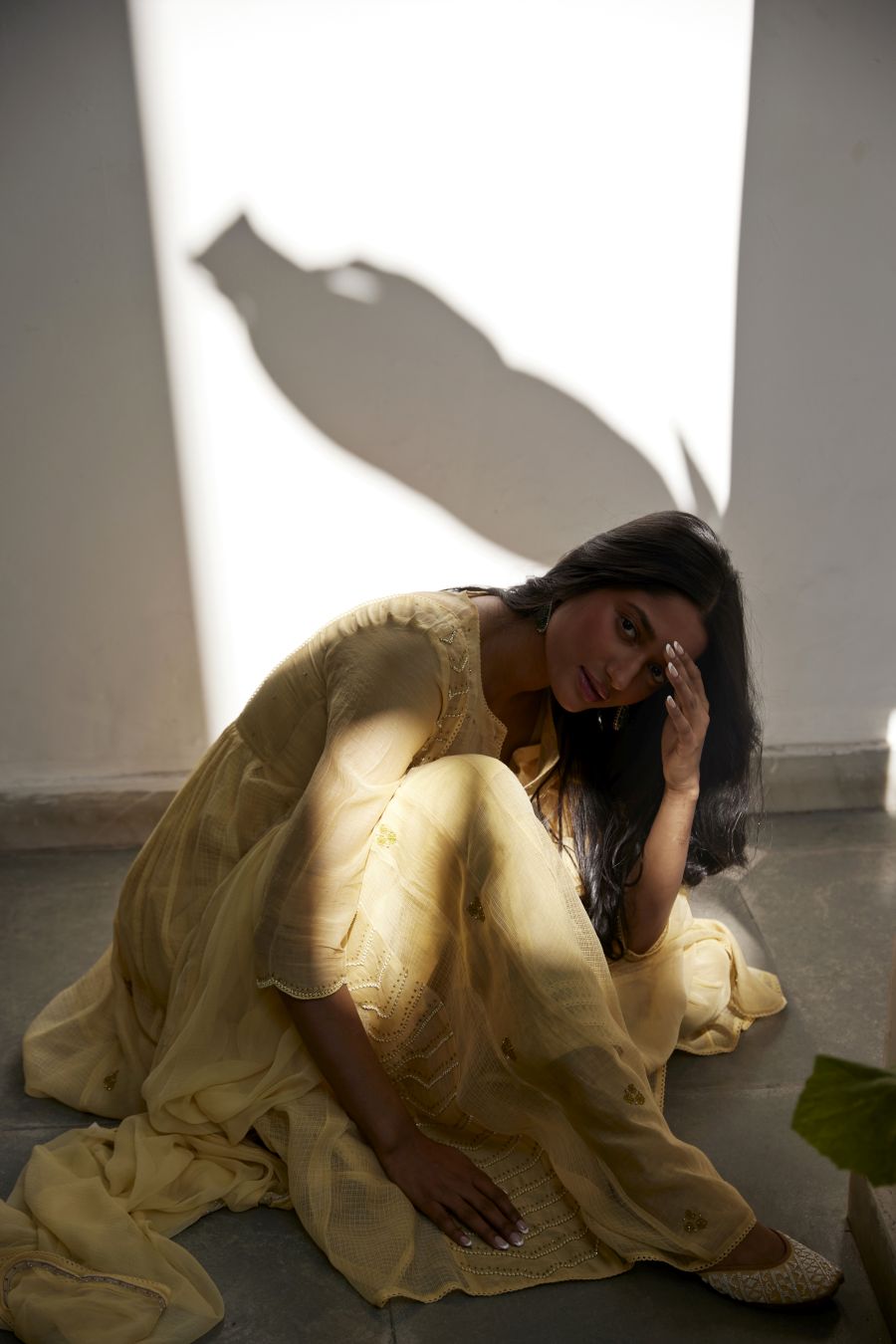 Lemon Yellow Kota & Chanderi Anarkali Set