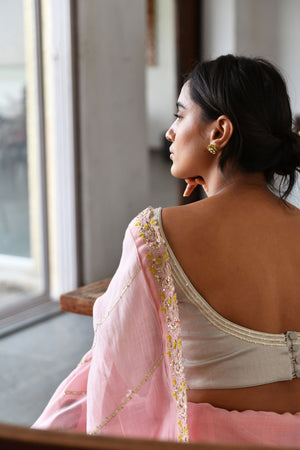 Charm Pink Layered Saree with Tissue Blouse