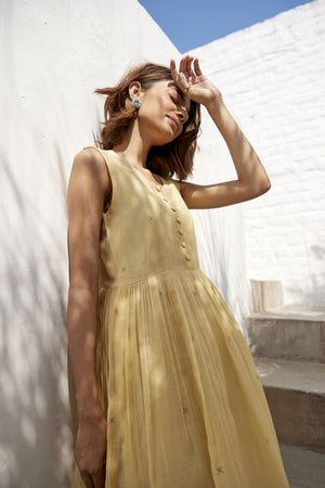 Lemon Yellow Chequered Overlay Dress Set