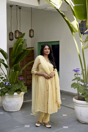 Lemon Yellow Kota & Chanderi Anarkali Set