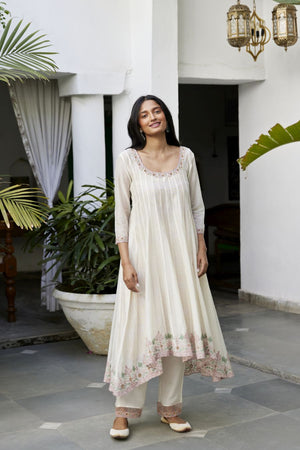 White Chanderi Asymmetrical Anarkali Set