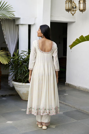 White Chanderi Asymmetrical Anarkali Set