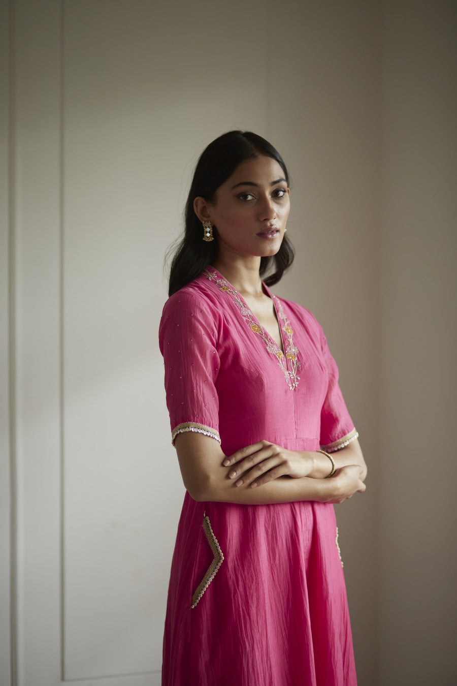 Fuschia V Neck Kurta Set