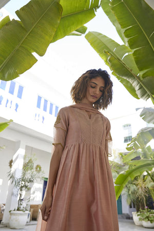 Muted Clay Chanderi & striped silk organza kurta set