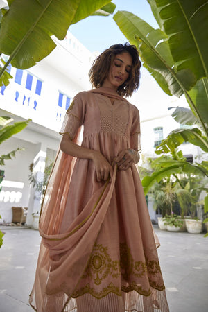 Muted Clay Chanderi & striped silk organza kurta set