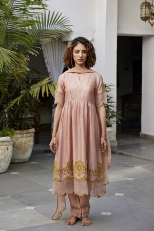Muted Clay Chanderi & striped silk organza kurta set