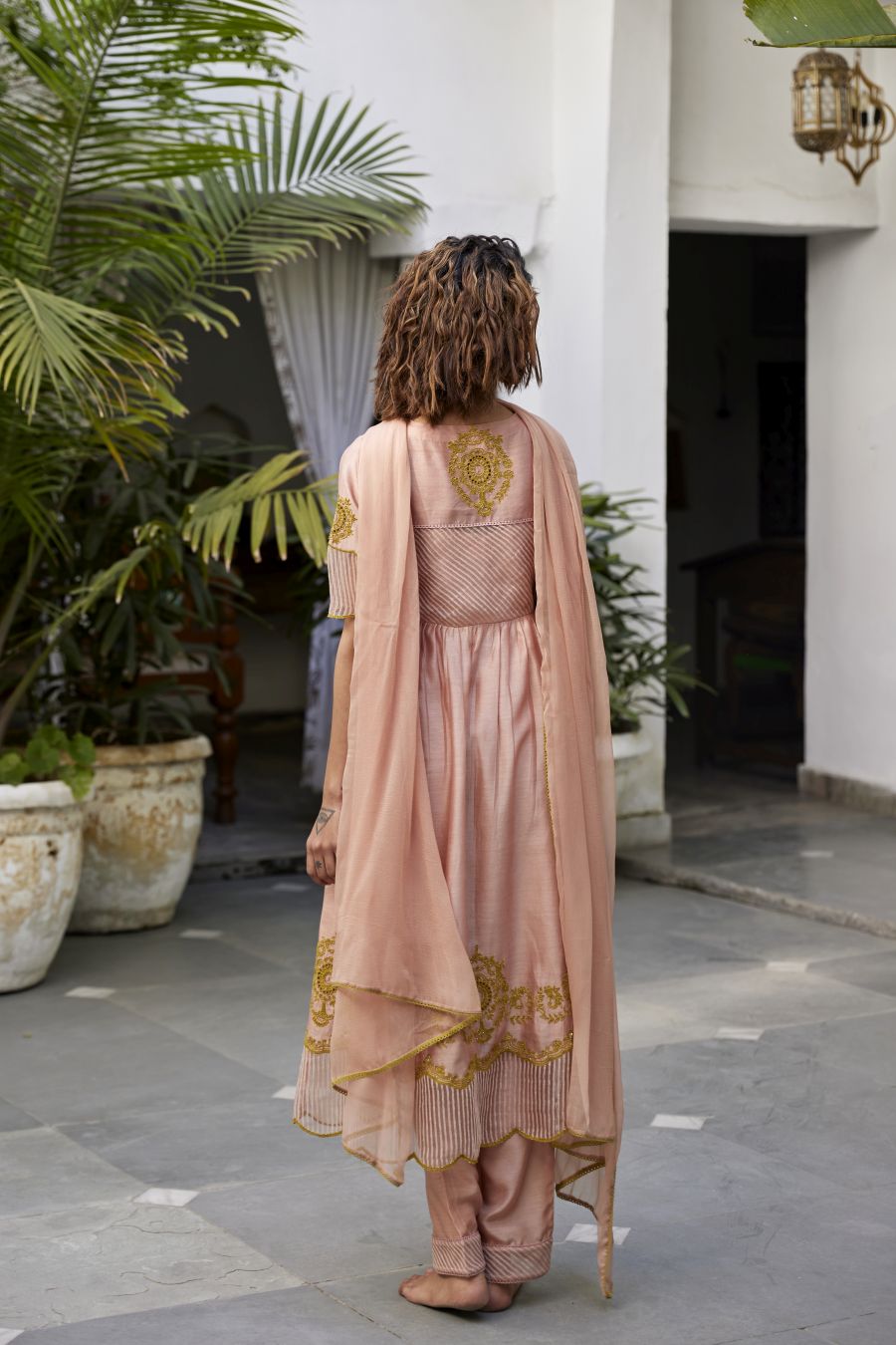 Muted Clay Chanderi & striped silk organza kurta set