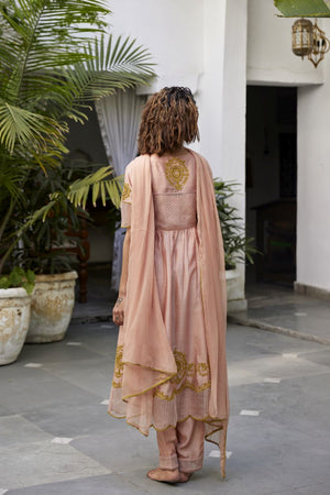 Muted Clay Chanderi & striped silk organza kurta set