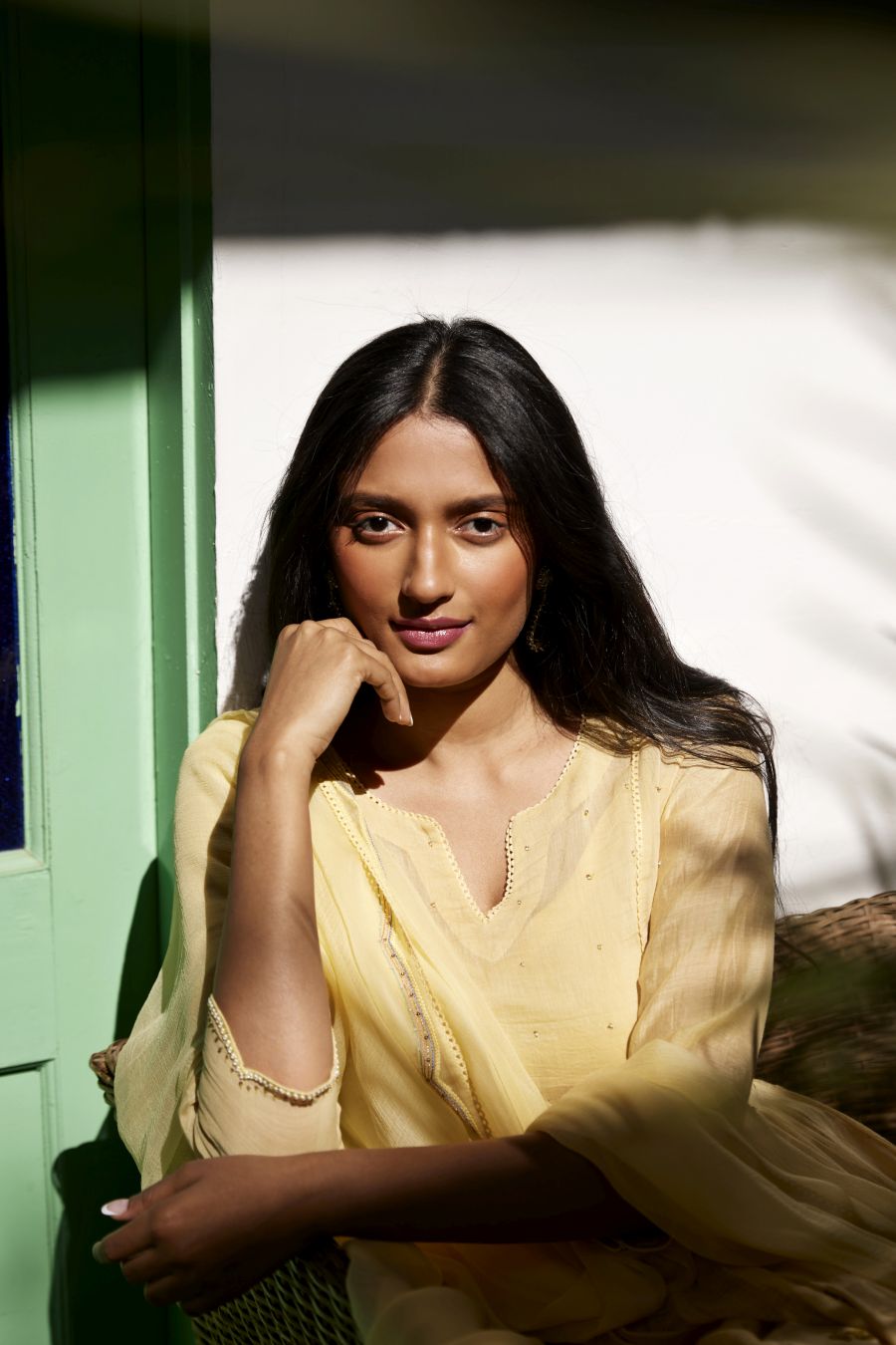 Lemon Yellow Kota & Chanderi Anarkali Set