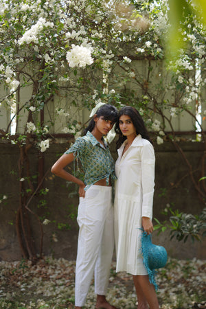 White Poplin Pleated Shirt Dress