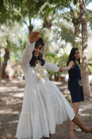 Ivory Cotton Crush Tirered Dress With Embroidered Yok.