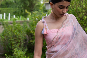 Peach & Grey Kota Saree With Tie & Dye Blouse