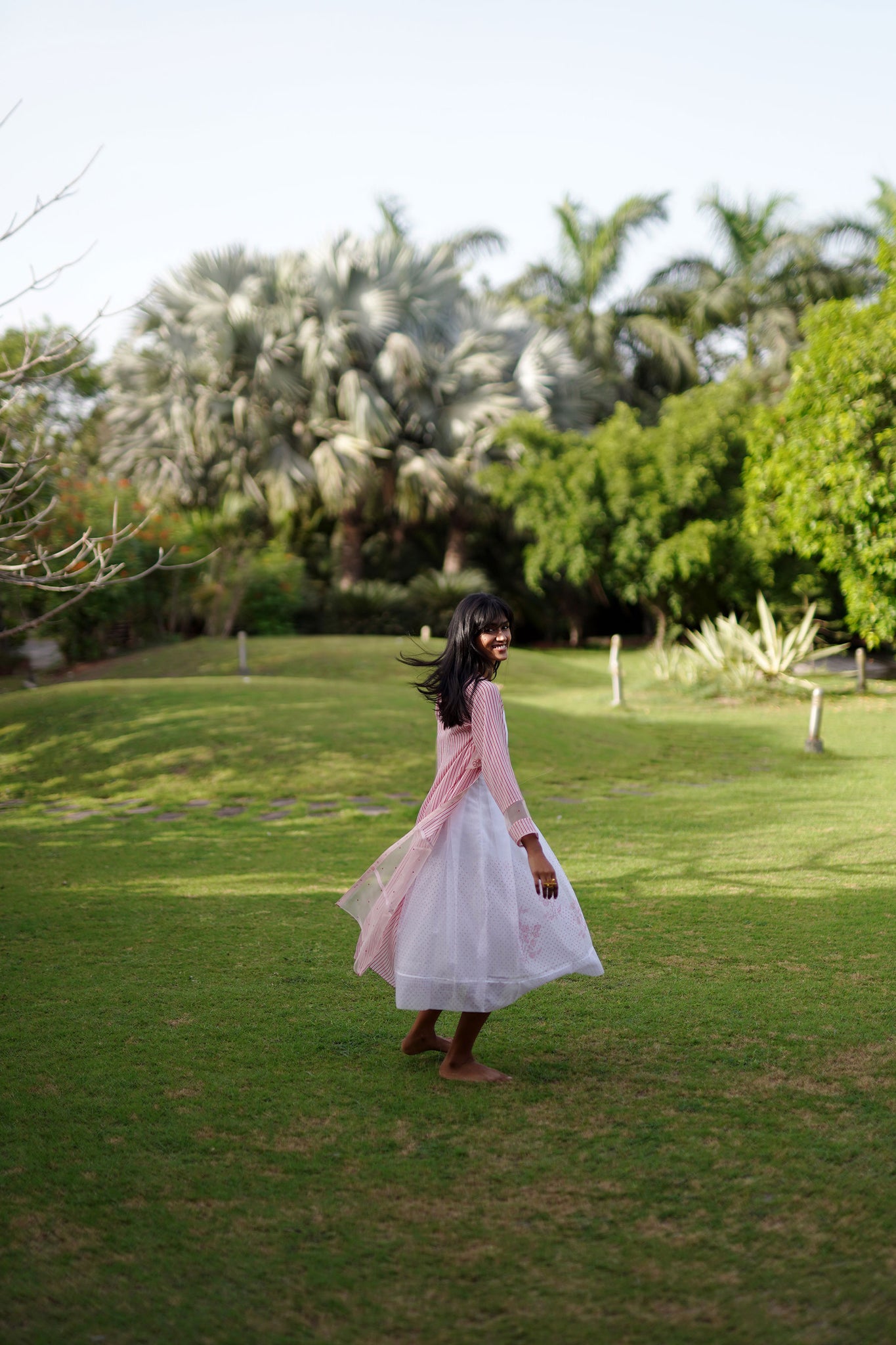 White Kota Block Printed Pleated Dress.