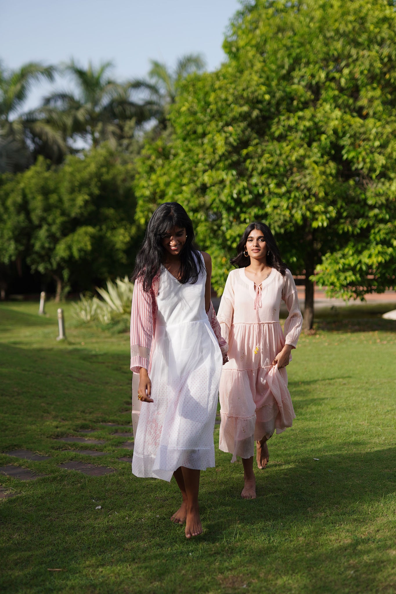 White Kota Block Printed Pleated Dress.